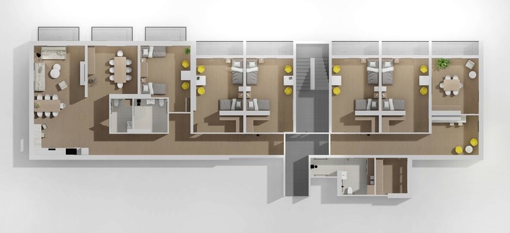 Na grafice widoczna wizualizacja rzutu budynku z rozplanowanymi mieszkaniami treningowymi. Na środku klatka schodowa. Z klatki schodowej prowadzi  w obie strony korytarz. W skład prawego i lewego modułu wchodzą od 2 do 3 sypialni, pokój wspólny, i łazienka.