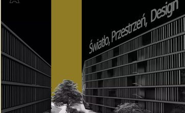 Kwadratowa grafika. Pomiędzy dwoma ciemnymi ścianami budynków przestrzeń z ławkami i zielenią. Nad prawym budynkiem napis „Światło, Przestrzeń, Design”. Całość w różnych odcieniach szarości. Pomiędzy ścianami ciemno żółta przestrzeń.
