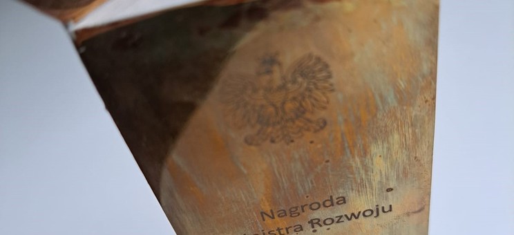 Zdjęcie przedstawia nagrodę ministra. Złoty prostopadłościan z wygrawerowanym orłem – godłem Polski. Na boku wygrawerowany napis komu nagroda została przyznana. Całość zwieńczona betonową rzeźbą.