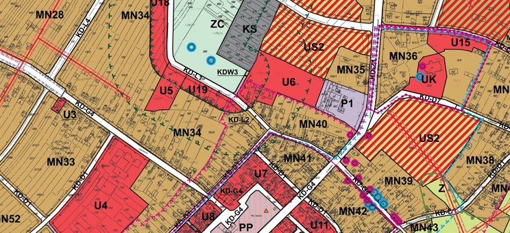 Kolorowa grafika w postaci mapy - fragmentu Miejscowego Planu Zagospodarowania Przestrzennego. Na brązowo zaznaczone obszary przeznaczone pod zabudowę mieszkaniową, na czerwono pod usługi, drogi na biało, obszary rekreacyjne na zielono. Na każdym obszarze umieszczone odpowiednie symbole literowe MN, U, ZC, KD.