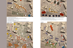 Kwadratowe grafika – plansza przedstawiająca projekt targowiska, na jasnym tle cztery kolorowe grafiki przedstawiające zdjęcia makiety wraz z opisami pod każdą z grafik.
