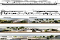 Kwadratowa grafika przedstawiające projekt targowiska. U góry na białym tle czarne grafiki przedstawiające przekroje przez projekt. Na dolnej połowie planszy na trzech pasach umieszczone kolorowe grafiki przedstawiające bliższe ujęcia założenia. 
