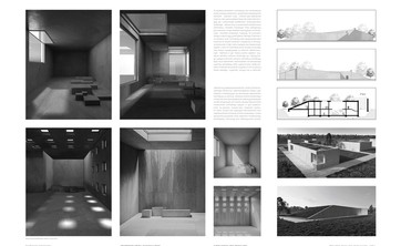 Plansza przedstawia czarno białe grafiki różnej wielkości rozmieszone w czterech kolumnach. Z lewej strony cztery największe grafiki przedstawiają wizualizacje wnętrz, z prawej strony umieszczone mniejsze wizualizacje budynku z zewnątrz, przekroje i krótki opis.