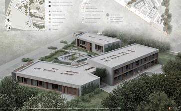 Plansza z projektem. Na dole planszy ujęcie z góry ukazujące niewysoki budynek otoczony zielenią. Na górze planszy napis Zespół Budynków Colivingowych i mapy przedstawiające otoczenie terenu i szczegóły lokalizacji. Całość w stonowanych kolorach.