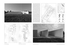Na poziomej prostokątnej planszy umieszczone równomiernie w czterech prostokątach czarno białe grafiki. Po przekątnej dwie duże grafiki przedstawiajcie wizualizacje projektu z zewnątrz, w pozostałych prostokątach rysunki zagospodarowania terenu i krótki opis pracy.