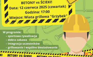 Plakat w zielono żółtych kolorach. umieszczono na nim wiele napisów, główny napis kilkukrotnie powtórzony Betony vs. Ścieki.