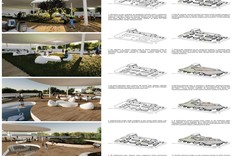 Grafika przedstawiające projekt targowiska. Po lewej stronie prostokątne kolorowe grafiki przedstawiające ujęcia targowiska od wewnątrz. Po lewej stronie stonowane grafiki na białym tle wraz z opisami. Projekt złożonych z niskich budynków o obłych kształtach.