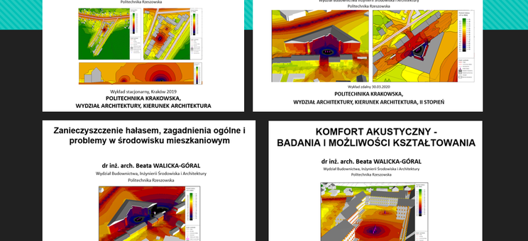 Na obrazie widać cztery zdjęcia pierwszych stron prezentacji. Na białym tle czarne napisy informujące o tematyce i autorze wykładu oraz kolorowe grafiki przedstawiające za pomocą wyskalowanych kolorystycznie plam poziom hałasu w danej lokalizacji. Najwyższy poziom hałasu — kolor czarny, najniższy kolor zielony.