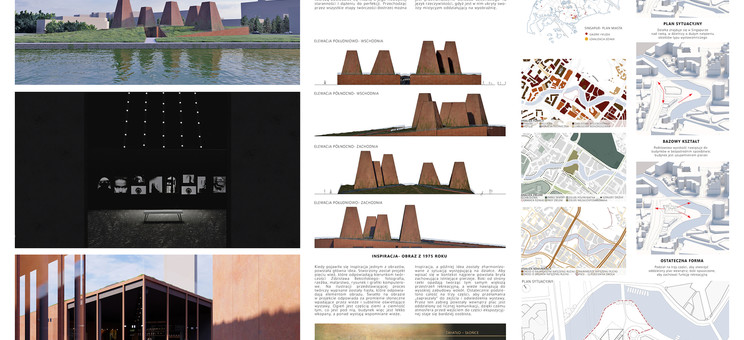 Plansza projektowa. Na planszy widoczne po prawej trzy wizualizacje komputerowe koncepcji, po środku widoki koncepcji z boku, po prawej analizy w postaci map.
